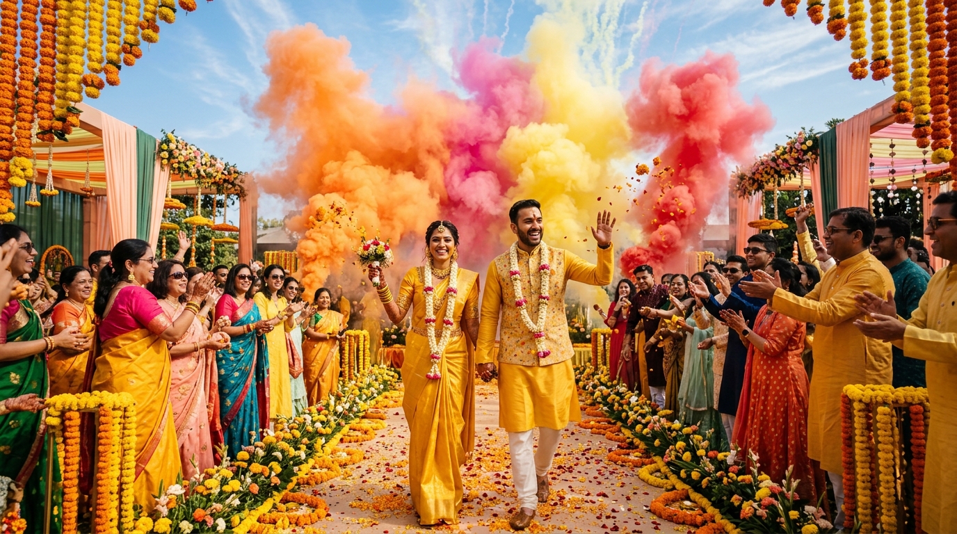Vibrant daytime colour smoke bombs for Haldi and Baraat