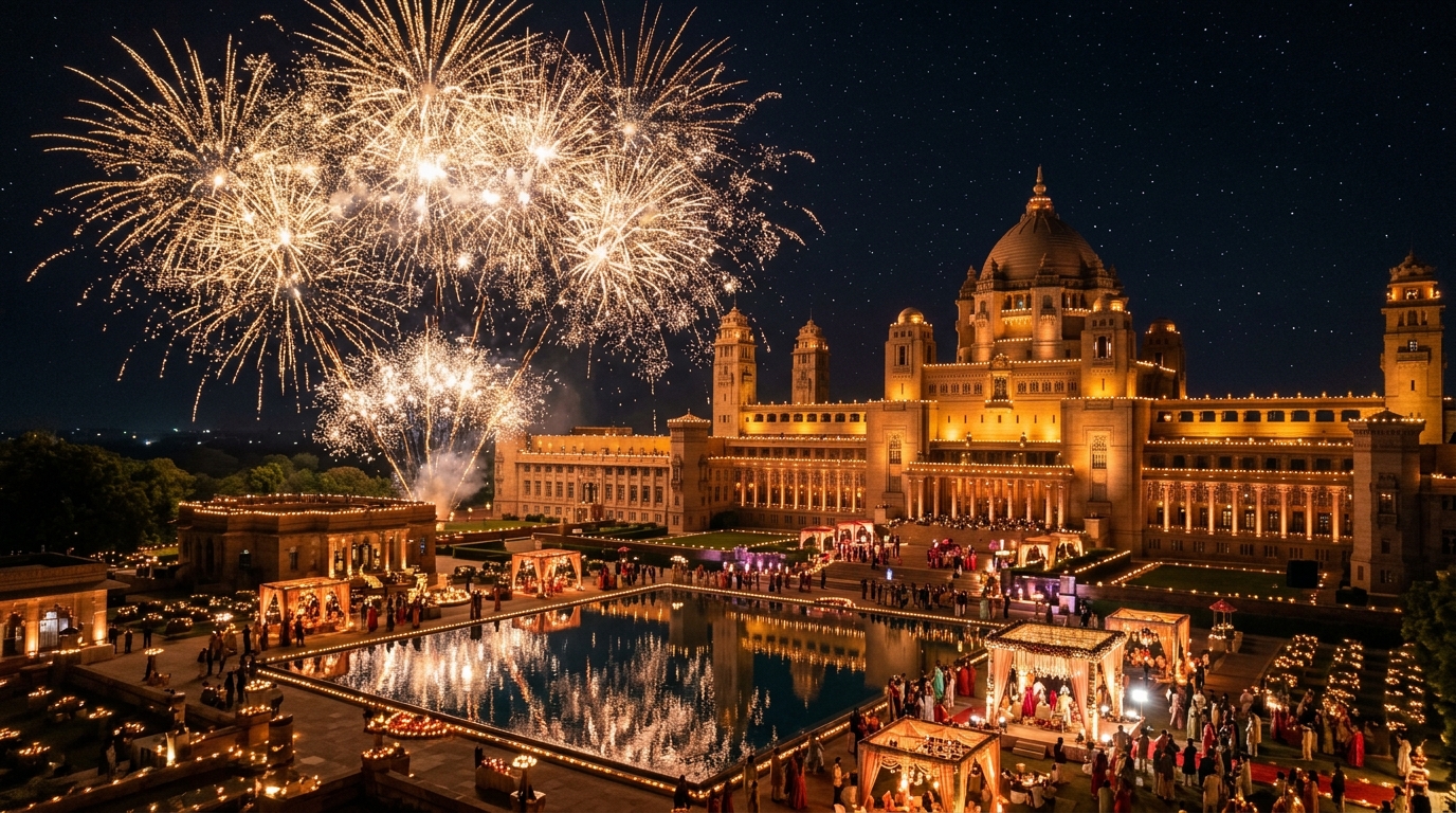 Grand aerial night sky fireworks display at royal wedding palace