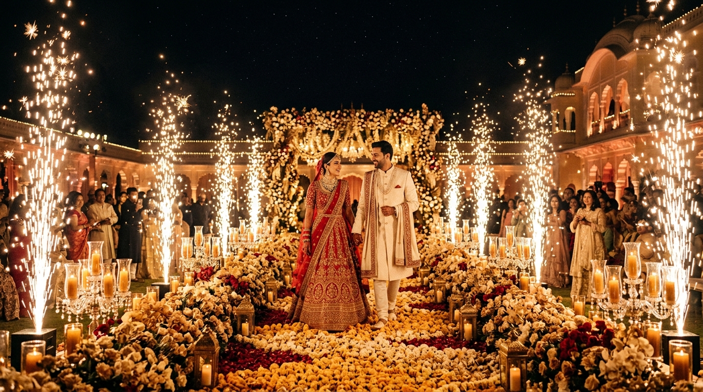 Cold Pyro aisle fountain walkway at luxury wedding